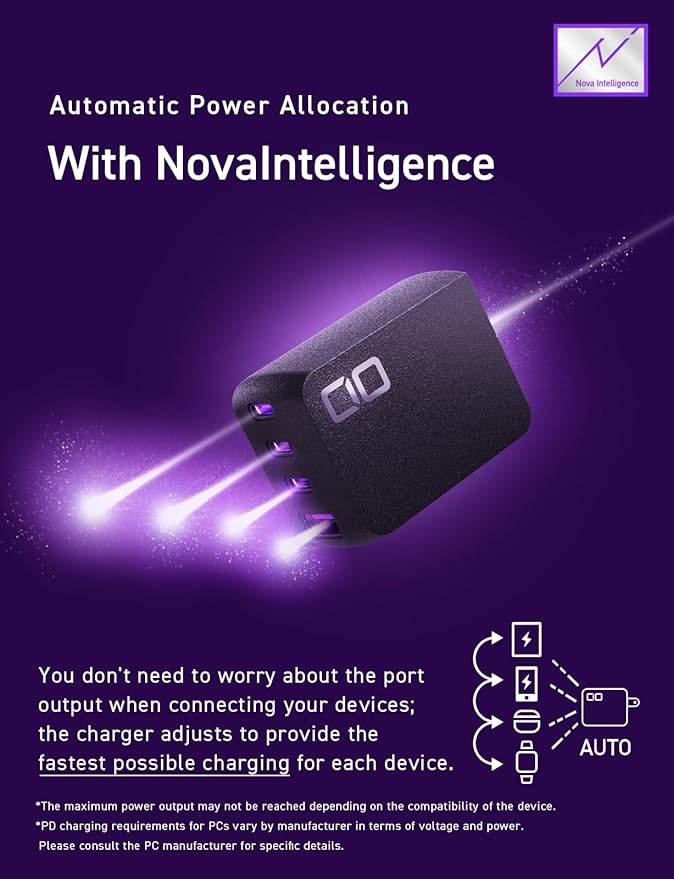 CIO 65W GaN Charger Block, Compact 4-Port Adapter with 3 USB-C Ports & 1 USB-A, Max 67W USBC Fast-Charging Multi-Device Wall Charger Block for Laptop/Phone/Tablet, NovaPort Quad II 67W3C1A (Black)