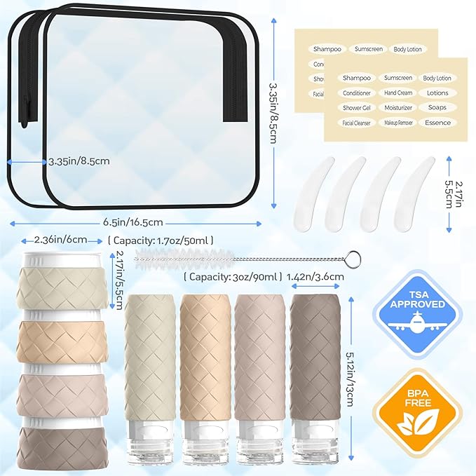 16 Pack Travel Bottles for Toiletries, TSA Approved Travel Size Toiletries Containers Set, BPA-Free Silicone Leak Proof Refillable Bottles Stackable Creams Jars Accessories Kit W/Clear Bag(Cream)