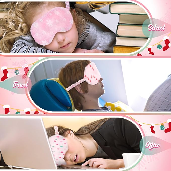 Cuffbow 6 Pcs Plush Sleep Eye Mask Silk Furry Eye Covers for Sleeping Cute Sleep Mask Fluffy Comfortable Sleeping Blindfold for Travel Sleepover Nap Party Supply Women(Christmas,Pink)