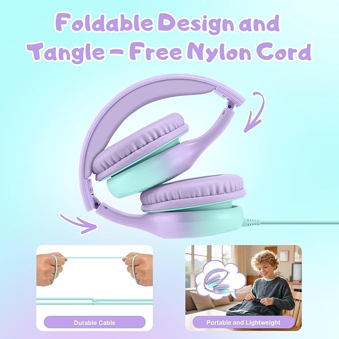 USB Type C Kids Headphones, Wired Headphones for Kids with Microphone 85/94dB Volume Limit, Stereo Sound Portable Over Ear Headphones for School/Travel/Tablet/iPad, Green Violet