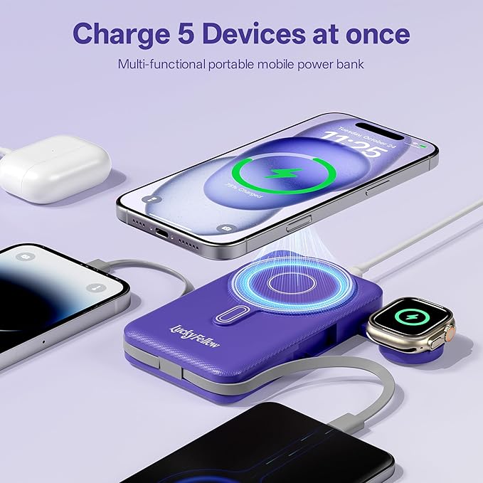 Magnetic Portable Charger Built-in Cables,10000mAh Fast Charging Wireless Charger Station External Battery Pack Slim Pocket Size Power Bank with Stand Compatible with iWatch, iPhone and Android Phones