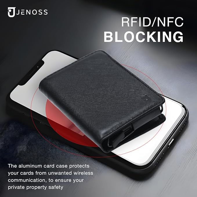 Vincenzo Smart Wallet For Men: Full Grain Leather, Handcrafted, Slide Metal Pop Up Case, Slim RFID Blocking Credit Card Holder, Minimalist, Compact, Front Pocket - 8-12 Organizers | Money Clip (Black)