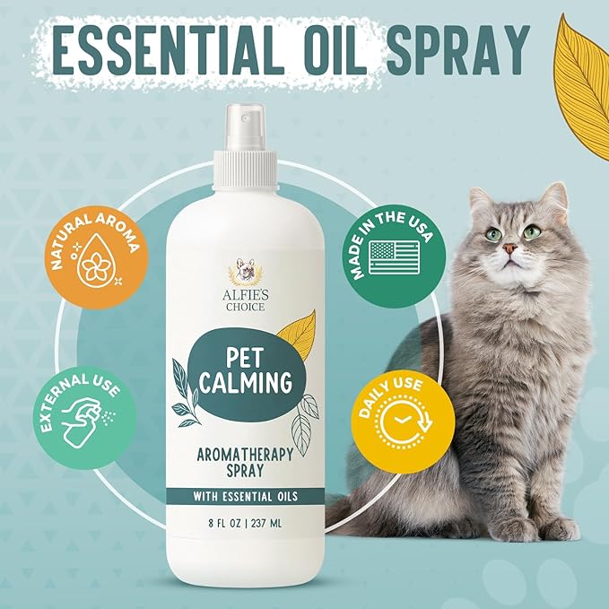ALFIE'S CHOICE Pet Calming Aromatherapy Spray | 8 fl oz | for Cats & Dogs | Water Based Botanical Mist with Lavender, Ylang Ylang & Valerian | Promotes Calm and Relaxed Environment