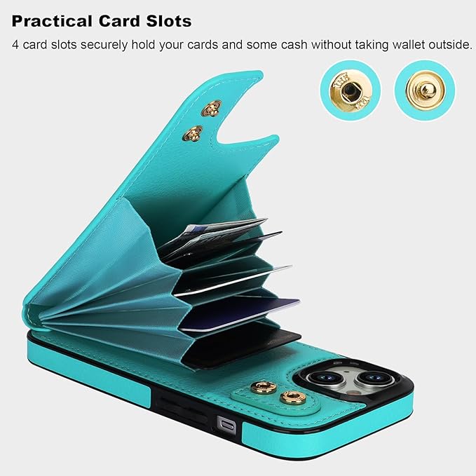 Folosu Compatible with iPhone 15 Case Wallet with Card Holder, 360°Rotation Finger Ring Holder Kickstand, RFID Blocking Leather Protective Double Buttons Shockproof Cover 6.1 Inch Green