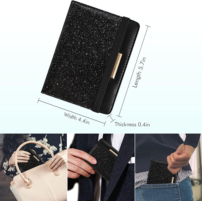Caweet Passport Holder and Vaccine Card holder Combo RFID Blocking Leather Vaccination Card Wallet with Elastic Band Closure, Glitter Black