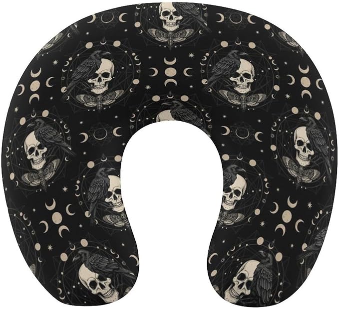 Breathable Travel Pillow Black Raven Moon Skull Art Memory Foam Chin Support, Removable Washable Cover for Airplane Car Office Sleeping