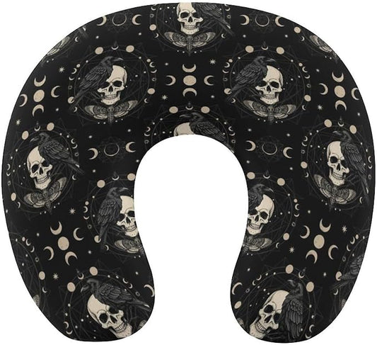 Breathable Travel Pillow Black Raven Moon Skull Art Memory Foam Chin Support, Removable Washable Cover for Airplane Car Office Sleeping