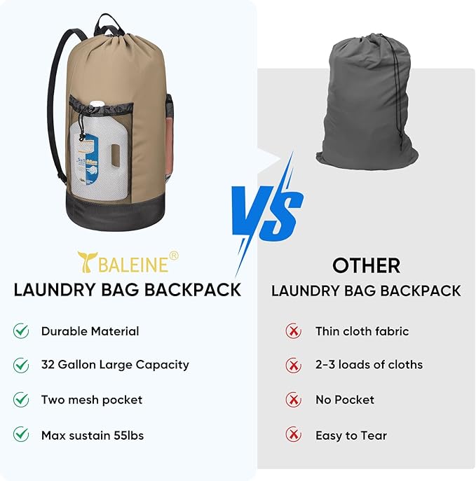 BALEINE 150L Laundry Bag Backpack, 900D Oxford Fabric Large Travel Laundry Bags with Shoulder Straps and 2 Mesh Pockets for College Dorm, Apartment, Laundromat (Khaki, 150L)