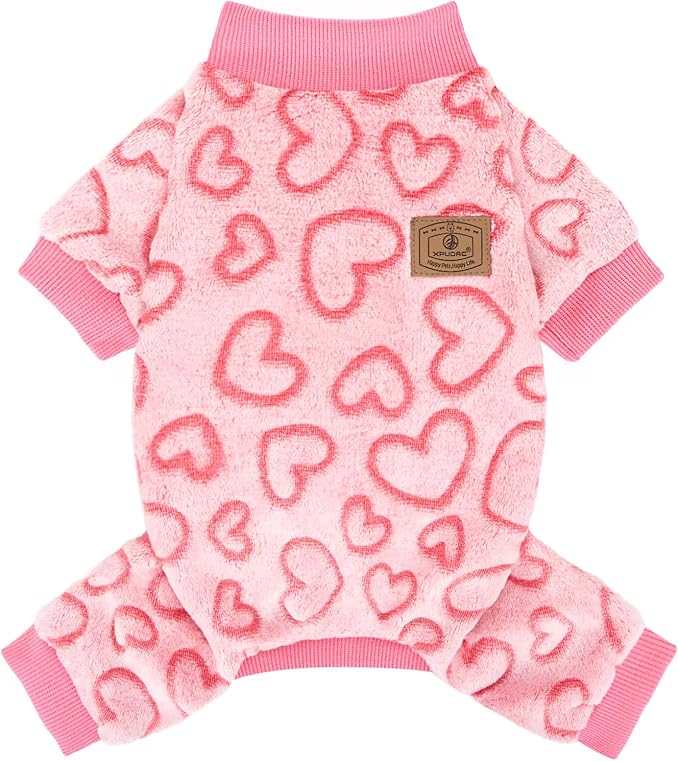 XPUDAC Dog Pajamas Heart Fleece Dog Sweater Winter Puppy Clothes for Small Medium Dogs Girl Pet Holiday Clothes Doggie Outfits for Valentines Day, L