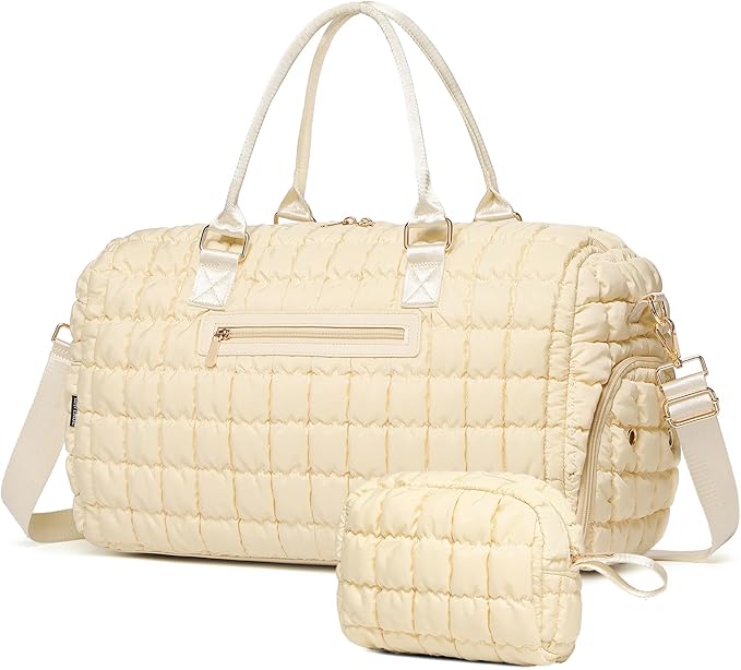Duffle Bag for Travel, Weekender Bag with Shoe Compartment, Carry On Overnight Bag for Women with Toiletry Bag, Gym Bag with Wet Pocket, Hospital Bags for Labor and Delivery Beige
