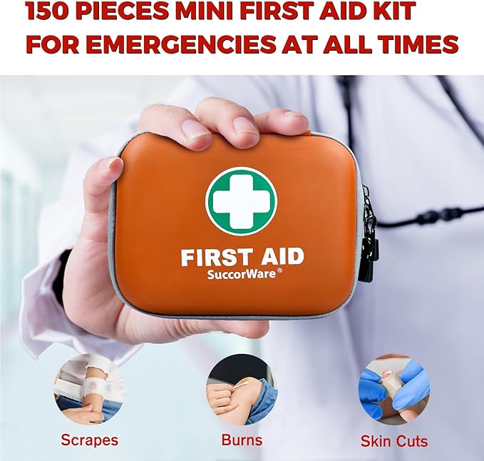 150 Pieces Mini First Aid Kit - Small Medical Kit with Hard Shell - Emergency First Aid Kit for Car, Travel, Home, Outdoor, Office, Camping, Hiking (Orange)