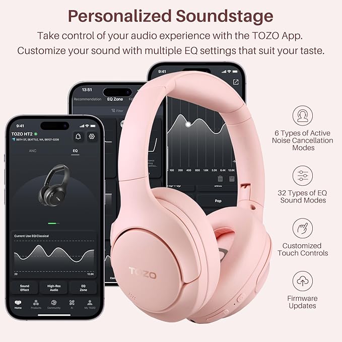 TOZO HT2 Hybrid Active Noise Cancelling Headphones, Wireless Over Ear Bluetooth Headset, 60H Playtime, Hi-Res Audio Custom EQ via App Deep Bass Comfort Fit Ear Cups, for Home Office Travel