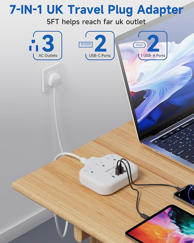 Type G Adapter for Travel,meta-ant US to UK Travel Adapter with 3ft Extension Cord,3 Outlets 4 USB(2 USB-C), Type G UK Ireland Travel Plug Adapter to British Scotland England London Hong Kong Dubai