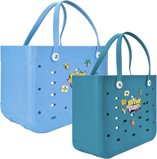 2-Piece Tote Bag Set, Waterproof Rubber Beach Bag with Summer Pattern, Medium & Large Handbag for Pool, Beach, Boat