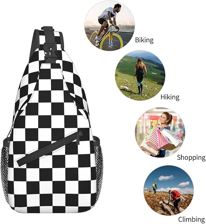 QFXUYNG Black White Race Checkered Flag Adult Sling Bag Unisex Chest Bags Crossbody Backpack Casual Daypacks Shoulder Bag for Women Men Cycling Hiking Travel