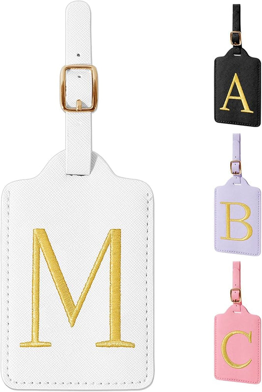 Personalized Initial Luggage Tags for Suitcase TSA Approved, White Leather Cute Luggage Tag with Privacy Cover Name Card, Embroidered Custom Luggage Tags Travel Baggage Tags Gifts for Women Kids(M)