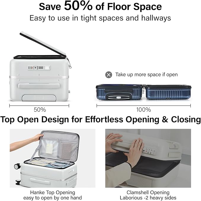 Hanke 20 Inch Carry On Luggage with Cup Holder and Charge,Top Opening Hard Shell Suitcases with Wheels and Dividers,Aluminum Frame Trunk Luggage Small Suitcase with Lock for Travel,Smoke White