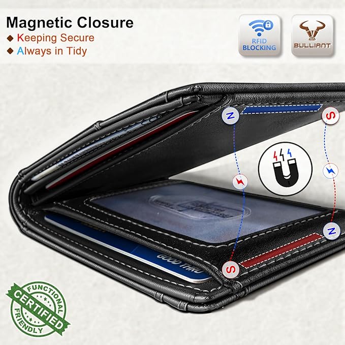 BULLIANT Men Wallet,Slim Leather Wallet Money Clip Magnetic Closure Simplifed Bill Folder 10Cards RFID Blocking 4.3"×3"