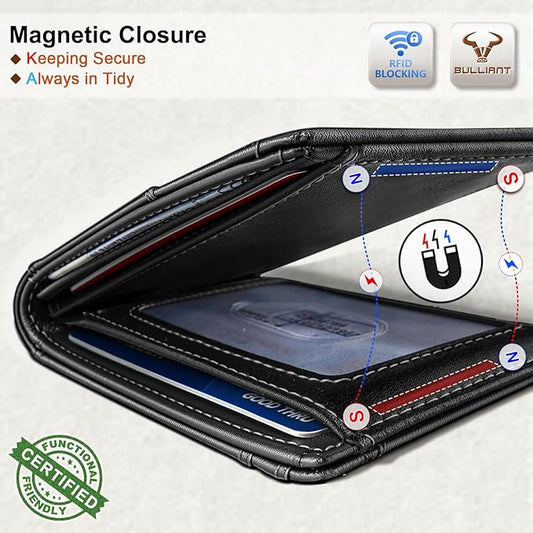 BULLIANT Men Wallet,Slim Leather Wallet Money Clip Magnetic Closure Simplifed Bill Folder 10Cards RFID Blocking 4.3"×3"