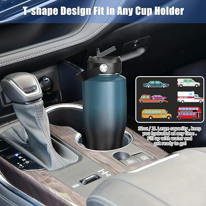 HYDROWION 40 oz Insulated Water Bottle with Straw fit in Car Cup Holder(Cold 48 hrs, Hot 24 hrs) Drinking Bottle with Straw Lid, Spout Lid and Flex Cap Leakproof Travel Thermo Mug，Marbling