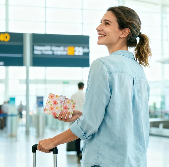 Passport Holder, Travel Wallet Cover with Pen Loop | Cute RFID Blocking Leather Case with Magnetic Closure for Travel Essentials-Flower