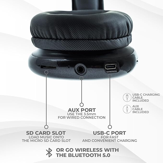 iJoy Ultra Wireless Over-Ear Bluetooth Headphones with Mic, Up to 10 Hours Playtime, Bluetooth Headset 33Ft Range with Backup AUX Cable & SD Slot, Wireless Headphones for Gaming, Work & Gym (Black)