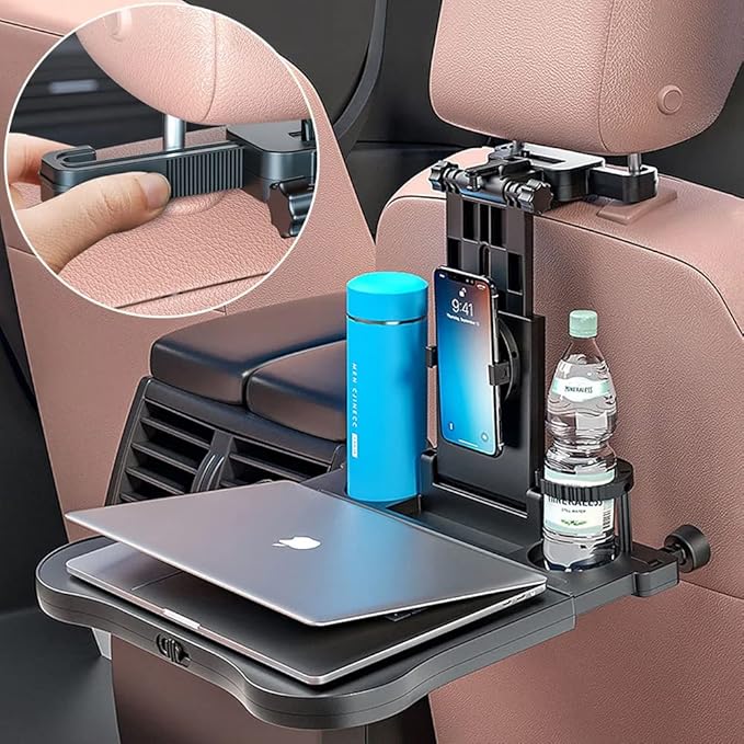 Oshotto Car Back Seat Tray Table – Foldable Auto Backseat Desk for Laptop, Food with Cup Holder, 360 Degree Rotating Adjustable Travel Tray with Phone/Tablet Holder, Universal Fit