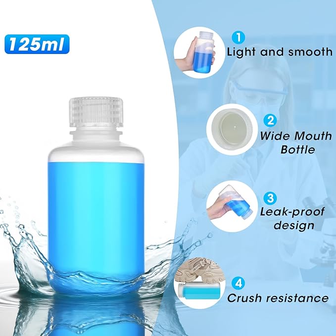 4oz/125ml Plastic Sample Bottles with caps, Wide Mouth Reagent Bottle with Lids Leak Proof Containers Water Sample Bottles for Laboratories, Travel(5Pcs)