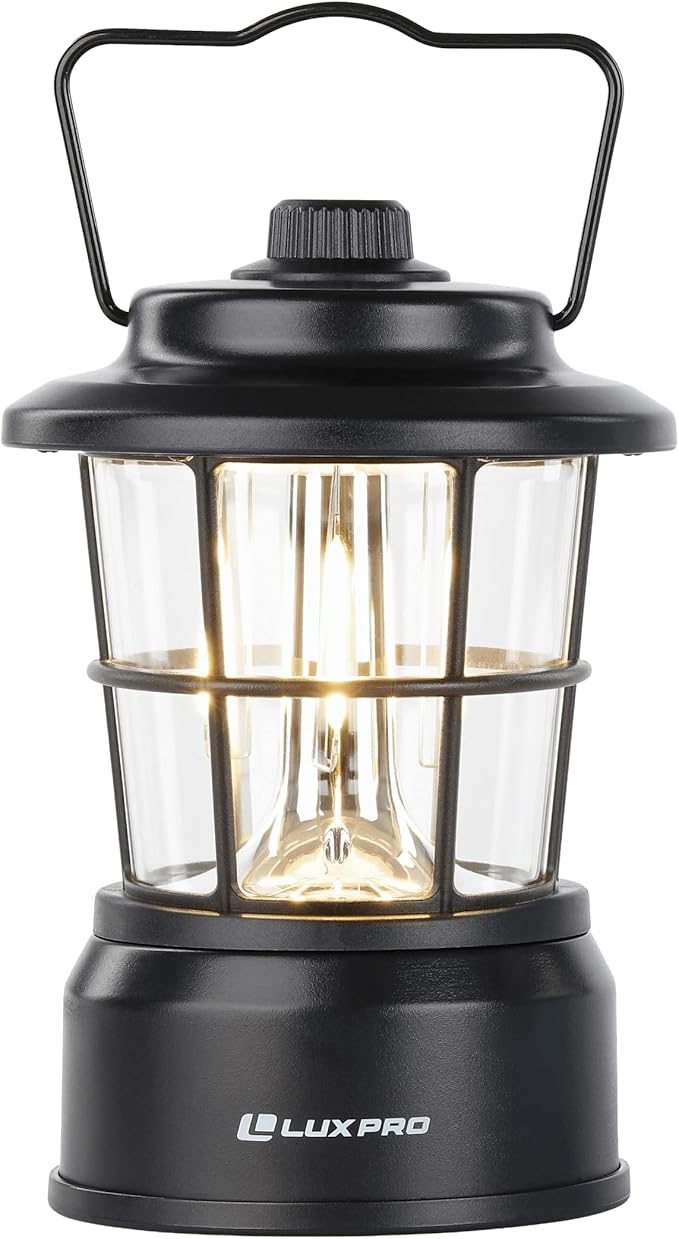 LUXPRO Retro LED Lantern - Battery-Powered Emergency Lantern - Water Resistant - Bright LED Lamp for Indoor & Outdoor Use - Use for Tents, Hiking or Hurricane Prep (Black, Pack of 1)