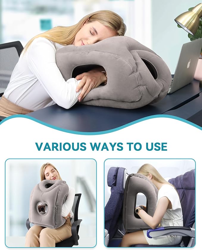 JefDiee Inflatable Travel Pillow, Airplane Neck Pillow Comfortably Supports Head and Chin for Airplanes, Trains, Cars Office Napping on The Tray Table (Grey)
