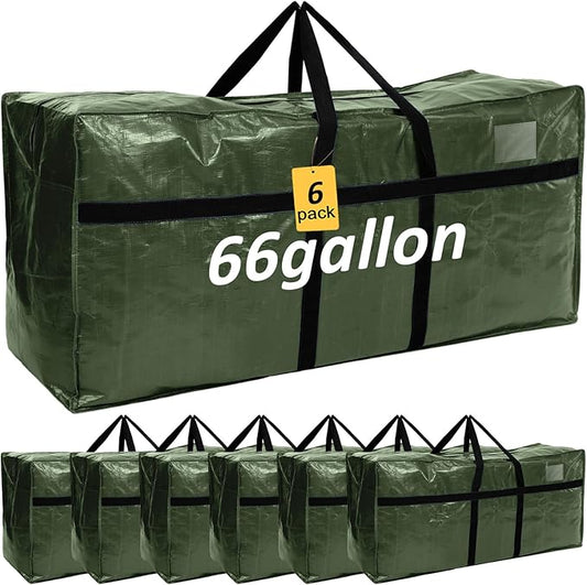 6 Pcs 66 Gallon Large Moving Bags with Zipper and Handles Foldable Storage Duffle Bags Heavy Duty Extra Large Totes for College Dorm Travel Clothes Blankets Bedding Moving (Army Green)