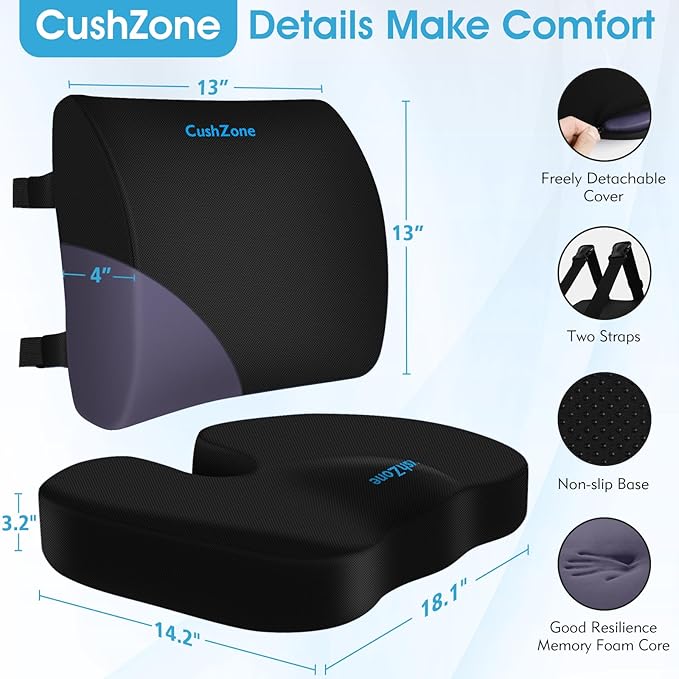 CushZone Seat Cushion, Lumbar Support Pillow with Adjustable Strap-Chair Cushions for Sciatica Pain Relief-with Washable Cover Memory Foam for Car, Travel and Wheelchair-Black