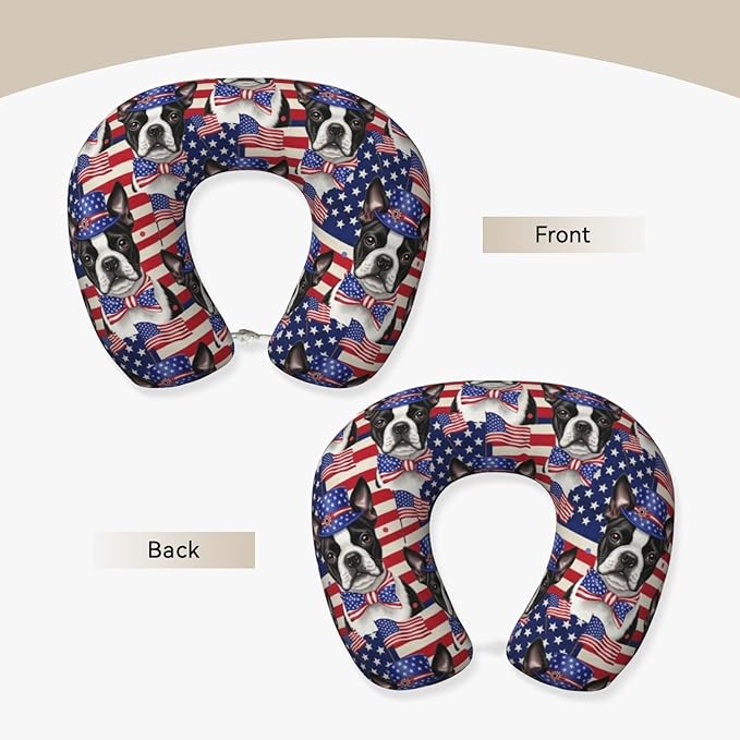 Memory Foam Airplane Pillow American Flag Boston Terrier for Car Chin Head Neck Supporting, U Shape Pillows Travel Cushion for Office, Nap Sleeping
