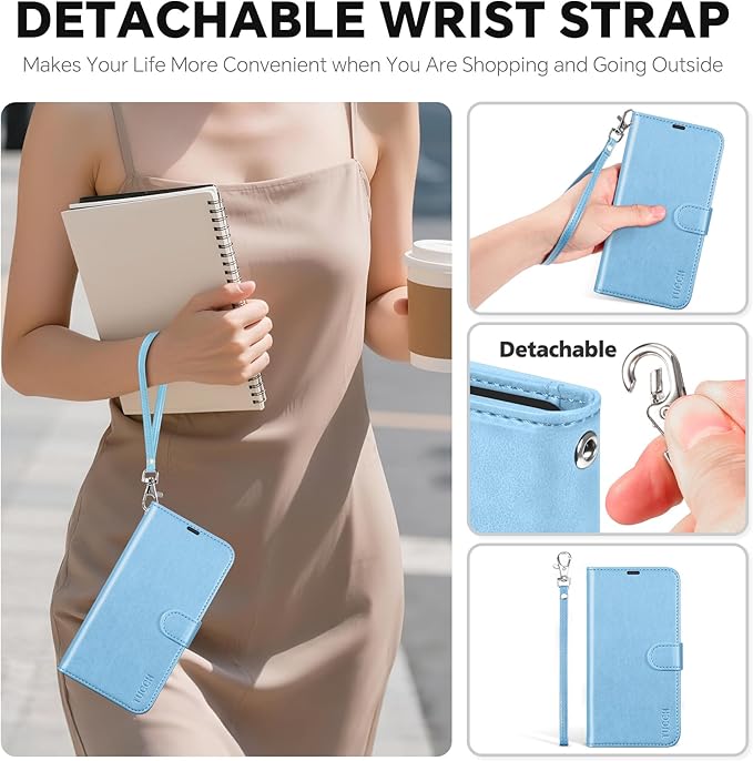 TUCCH Removable Case Wallet for iPhone 17 Pro Max 6.9", Detachable Wrist Strap, Wireless Charging, Stand, 4 Card Holders RFID Blocking, 2-in-1 Magnetic, PU Leather Shockproof Cover, Pearly Light Blue