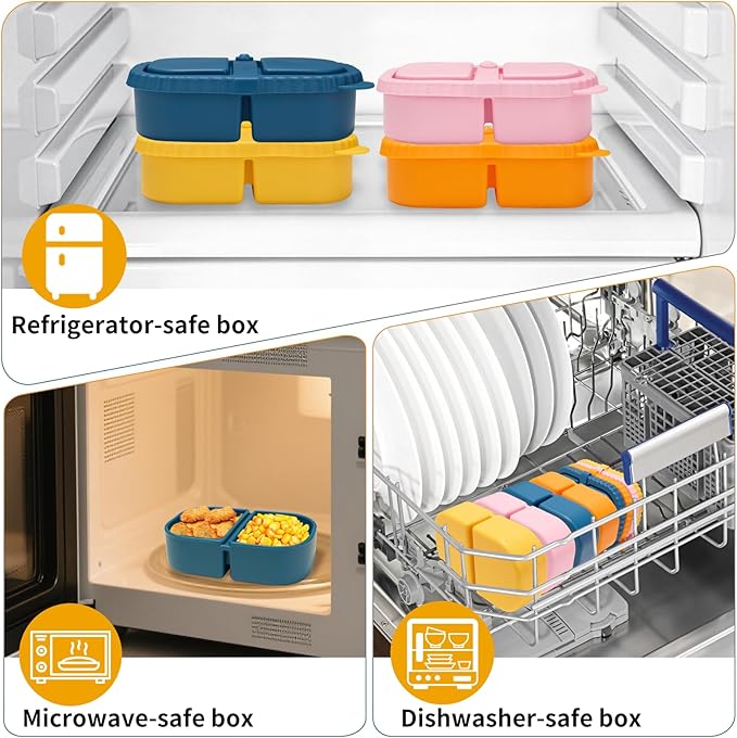 AKGGBOOOM 4 Pack 8.5oz 2-Compartment Snack Containers, Kids Snack Container with Leakproof Lids, Small Silicone Bento Box & Fruit Containers for Lunchbox, School, Travel, and Meal Prep