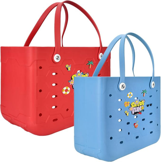 2-Piece Tote Bag Set, Waterproof Rubber Beach Bag with Summer Pattern, Medium & Large Handbag for Pool, Beach, Boat