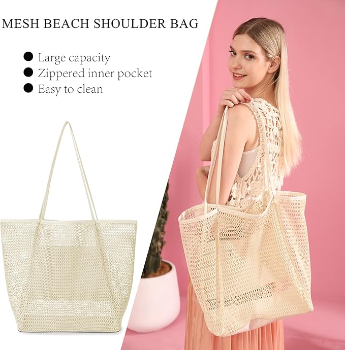 Iioscre Mesh Beach Tote Bags for Womens, Causal Hobo Pool Bags for Swimming Pools Vacations Beach Essentials