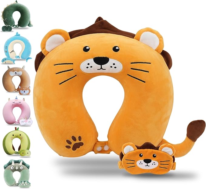 Sexysamba Cartoon Headrest & Neck Pillow for Kids Boys & Girls, Teens, Travel Accessories for Airplane, Car, Recline, Memory Foam Cute Travel Pillow with Sleep Eye Mask - Lion