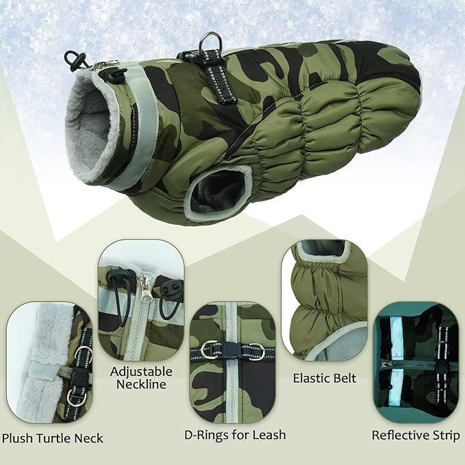 Lelepet Dog Coat Warm Dog Winter Coat Waterproof Dogs Jacket with Harness Built in Reflective Pet Fleece Vest Zip-Up Cold Weather Coats for Large Dogs Turtleneck Windproof Coats Pitbull Green Camo 2XL