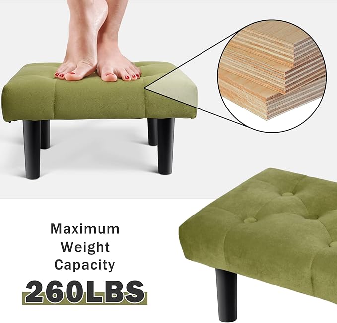 HOUCHICS Small Footstool Ottoman,Velvet Soft Footrest Ottoman with Wood Legs,Sofa Footrest Extra Seating for Living Room Entryway Office(Green 1PACK)