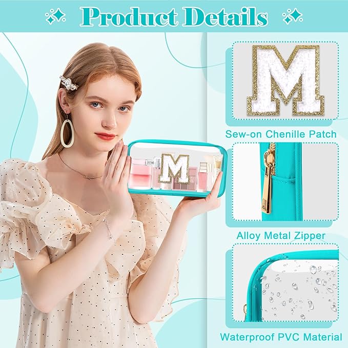 Personalized Initial Letter Clear Makeup Bag,Preppy Small Nylon&PVC Cosmetic Zipper Bag with Chenille Letter,Portable Beach Travel Skincare Toiletry Bag,Trendy Monogram Gift for Teen Girls Women,M