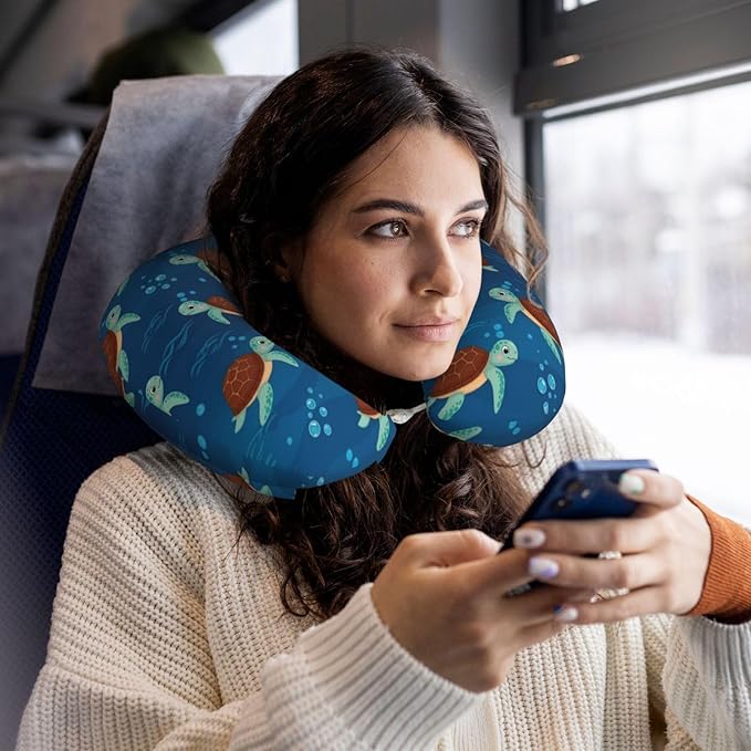 Neck Travel Pillow, Breathable Memory Foam Chin & Head Support Cushion Teal Sea Turtles for Airplane Car Sleeping Rest