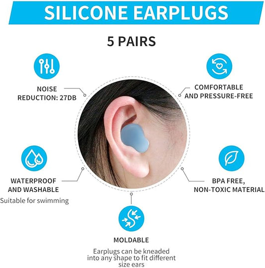 LYSIAN Soft Moldable Silicone Earplugs for Sleep, 5 Pairs, SNR 27dB Noise Cancelling Sleeping Ear Plugs for Swimming, Travel, Snoring(Blue)