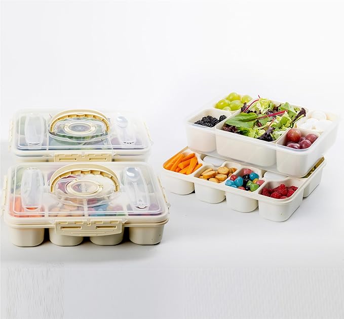 Snackle Box Container - Divided Serving Tray with Lid & Handle - Portable Multi-Compartment (10 & 5) Snack Organizer for Travel, veggies, Nut, fruit, Picnic & party - Dishwasher &Microwave safe