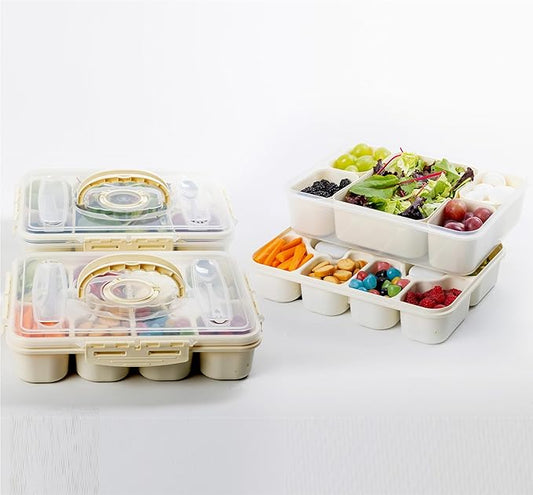 Snackle Box Container - Divided Serving Tray with Lid & Handle - Portable Multi-Compartment (10 & 5) Snack Organizer for Travel, veggies, Nut, fruit, Picnic & party - Dishwasher &Microwave safe