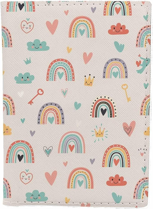 Magic Rainbows Passport Holder for Travel Smiling Heart Key Crown PU Leather Passport Cover Wallet Cute Passport Card Holder for Women and Men