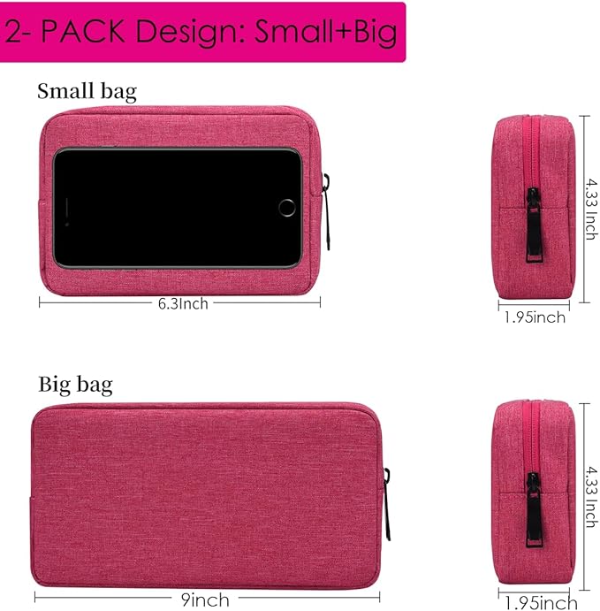 Universal Electronics/Accessories Soft Carrying Case Bag, Electronic Organizer Travel USB Cable Accessories Bag/Case for Out-Going, Business, Travel and Cosmetics Kit (Small+Big - Rose Red)