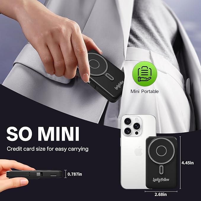 Magnetic Portable Charger Built-in Cables,10000mAh Fast Charging Wireless Charger Station External Battery Pack Slim Pocket Size Power Bank with Stand Compatible with iWatch, iPhone and Android Phones