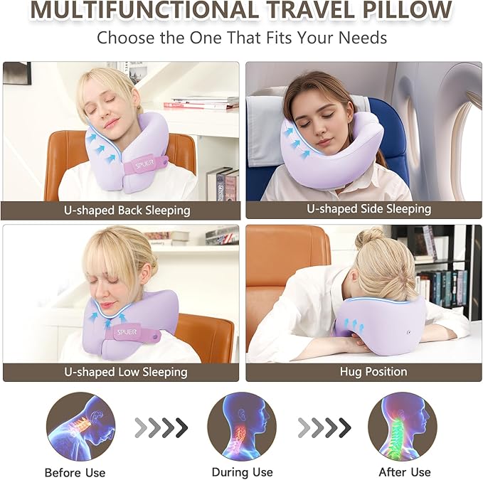 2in1 Ergonomic Memory Foam Travel Neck Pillow – Travel Pillow for All Sleep Positions on Flights, Road Trips, and Long Distance Travel with Drawstring Bag (Adjustable - Lavender)
