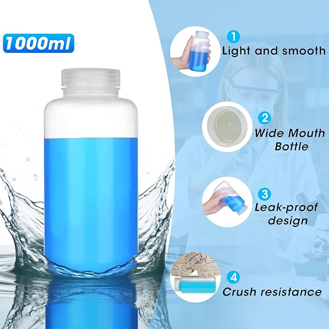 32oz/1000ml Plastic Sample Bottles with caps, Wide Mouth Reagent Bottle with Lids Leak Proof Containers Water Sample Bottles for Laboratories, Travel